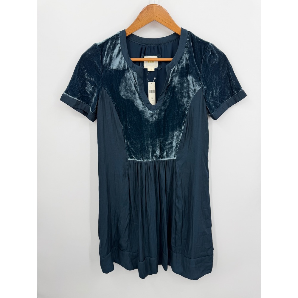 Maeve Ingrid Velvet Mixed Media Mini Dress sz XS Teal Short Sleeve Notched Neck